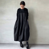 HANSUシリーズ｜切り替え バルーンシルエット ロングワンピース｜クルーネック ポケット付き ブラック・グリーン・ブラウン フリー