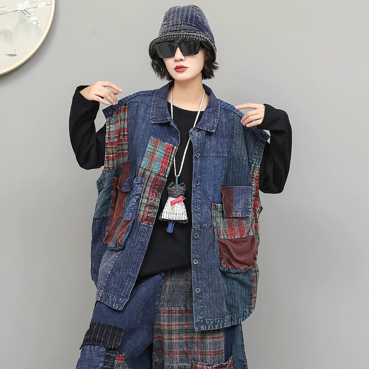 格林曼シリーズ｜古布 パッチワーク 襟付きミドル丈ベスト＋チェック切り替えワイドパンツ セットアップ｜ネイビー 秋 フリー
