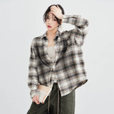 万有引力シリーズ｜フレイドエッジ 長袖チェックシャツ｜ゆったり ユニセックス風 グリーン×ブラウン ベージュ×グレー