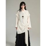 FG721シリーズ｜ブラック/アプリコット 重ね着風 ロングスリーブシャツ 腰ひも付き ユニセックス M/L/XL