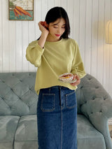 左品シリーズ｜コットン 七分袖トップス｜ゆったり ラグラン ふんわり袖 ライムグリーン他 全7色 M〜XL