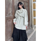 FG721シリーズ｜半高領 スカーフ風リボン付き ドレープシャツ ユニセックス ブラック・ライトグリーン S/M/L/XL