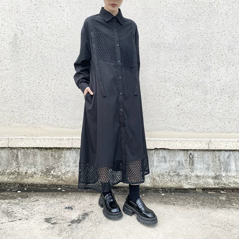 GUYIシリーズ｜ダークテイスト メッシュ切り替え 長袖シャツワンピース｜ゆったり ブラック フリーサイズ