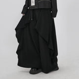 隠覓シリーズ｜黒のレイヤードワイドパンツ｜不規則に重なる裾 金属ボタン 垂れるひだ ブラック フリーサイズ