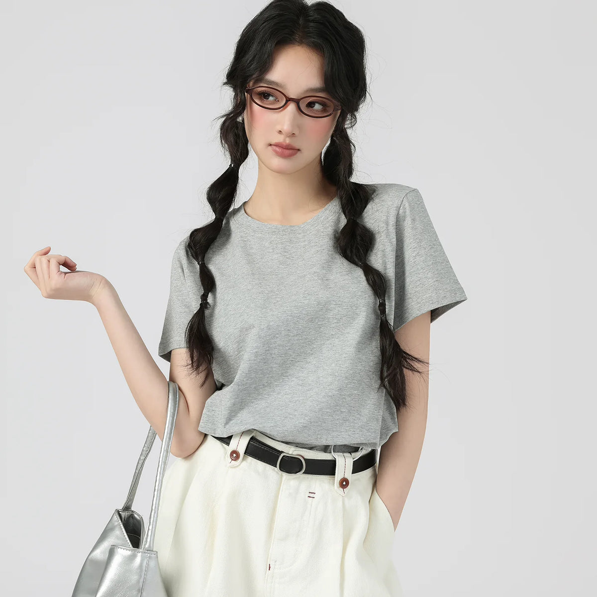 下集シリーズ｜ゆったり 半袖Tシャツ｜正肩 無地 ライトグレー/ブラック/ホワイト/イエロー/ダークグレー S〜XL
