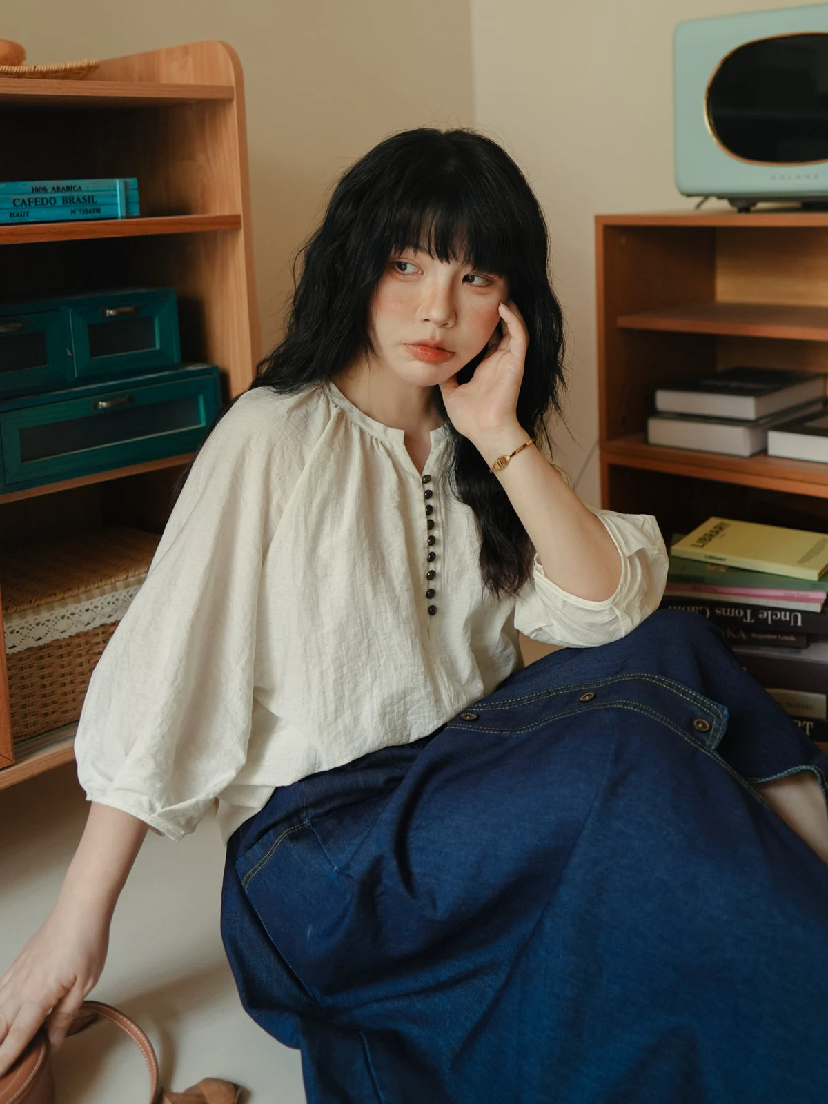陽光蘿莎シリーズ｜ハーフボタン パフスリーブブラウス｜七分袖 ゆったり オートミール S〜2XL