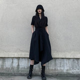 GUYIシリーズ｜アシンメトリー ロングシャツワンピース｜ブラック ノースリーブ 半袖 ウエストリボン
