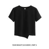 下集シリーズ｜アシンメトリーヘム 半袖Tシャツ｜ブラック 短め丈 正肩 コットン ホワイト/ピンク/グレー/ライトブルー S〜XL