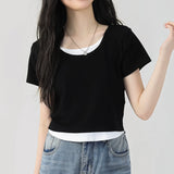 下集シリーズ｜ネイビー フェイクレイヤード 半袖Tシャツ｜正肩 ショート丈 ネイビー/ブラック/ホワイト/イエロー S〜XL