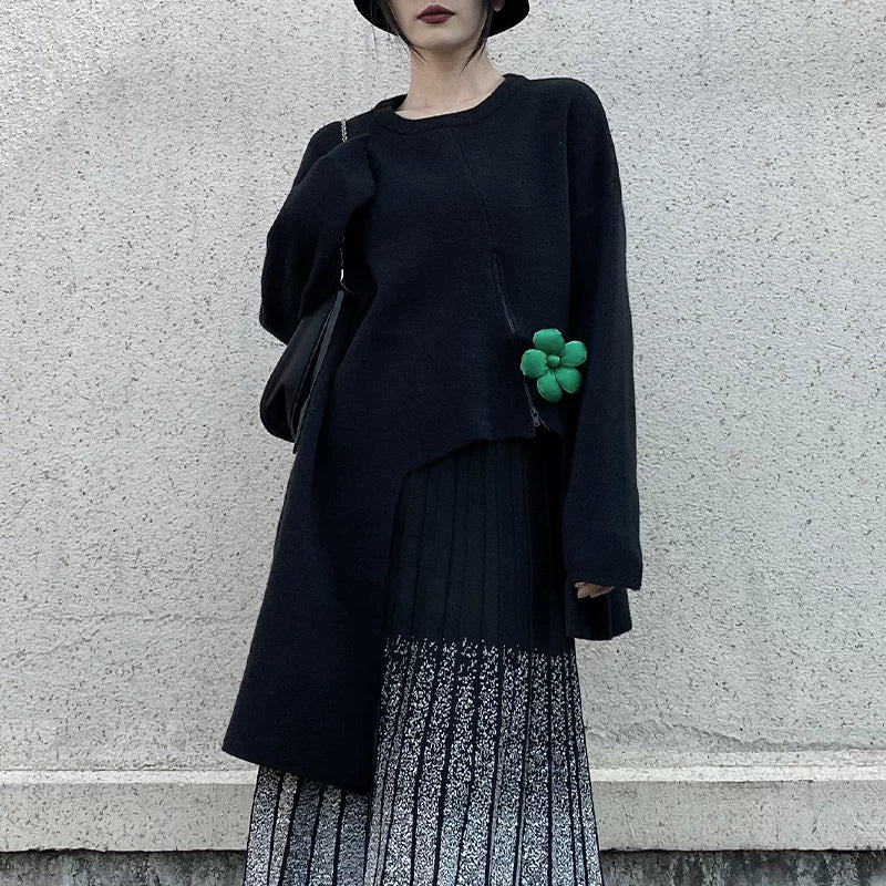 GUYIシリーズ｜アシンメトリー ニットトップス｜クルーネック ゆったり ブラック フリーサイズ（プリーツスカートも選べます）