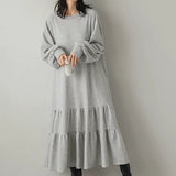 HANSUシリーズ｜ティアードヘム スウェットワンピース｜バルーンスリーブ ゆったり ミディ丈 4色 M・L