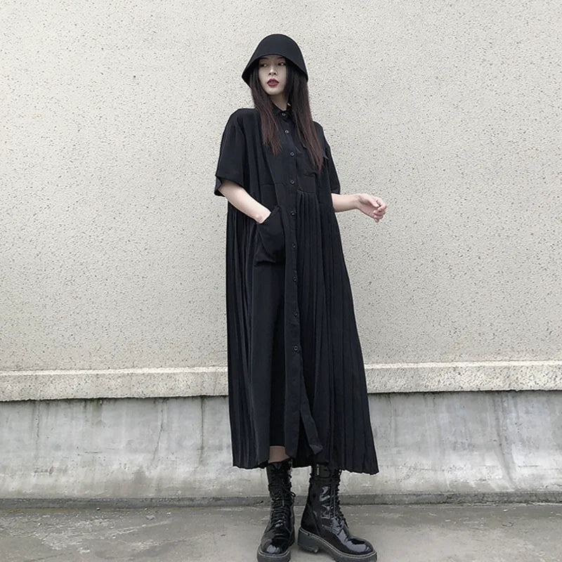 GUYIシリーズ｜半袖シャツワンピース｜シフォン プリーツ切り替え ゆったり ロング丈 ブラック フリーサイズ