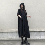 GUYIシリーズ｜半袖シャツワンピース｜シフォン プリーツ切り替え ゆったり ロング丈 ブラック フリーサイズ