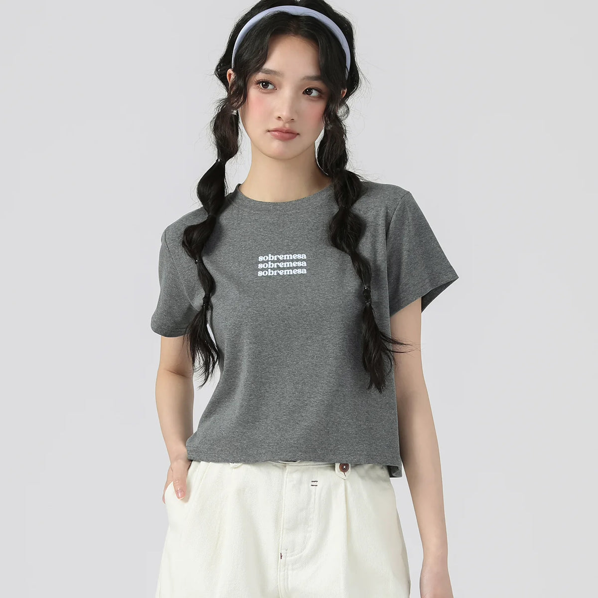 下集シリーズ｜英字ロゴ入り 正肩 半袖Tシャツ｜短め丈 コットン ヘザーグレー/ブラック/ホワイト/ベージュ S〜XL