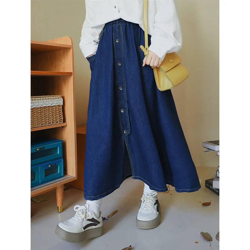 陽光蘿莎シリーズ｜デニム Aラインロングスカート｜フロントボタン ハイウエスト ダークブルー S〜4XL