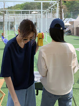 左品シリーズ｜コットン Vネック半袖Tシャツ｜ヨーク切り替え ゆったり ライトグレー・クリーム・ネイビー M〜XL