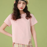 下集シリーズ｜アシンメトリーヘム 半袖Tシャツ｜短め丈 正肩 コットン ベージュ/ホワイト/ブラック/ピンク/ライトブルー S〜XL
