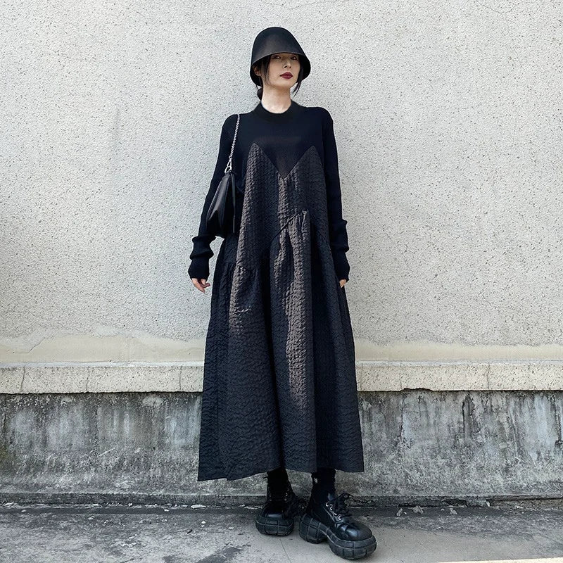GUYIシリーズ｜切り替え テクスチャー ロングワンピース｜ブラック 長袖 ゆったり Aライン フリーサイズ