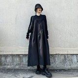 GUYIシリーズ｜切り替え テクスチャー ロングワンピース｜ブラック 長袖 ゆったり Aライン フリーサイズ