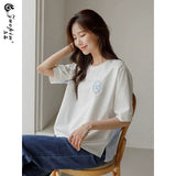左品シリーズ｜コットン 半袖Tシャツ｜バックストライプ切り替え サイドスリット ロゴ刺繍 ゆったり ホワイト×ブルー M〜XL