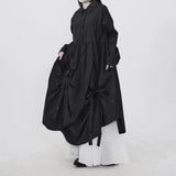 隠覓シリーズ｜ギャザー シャツワンピース｜リボンひものディテール 不規則な裾 ゆったりロング ブラック フリー