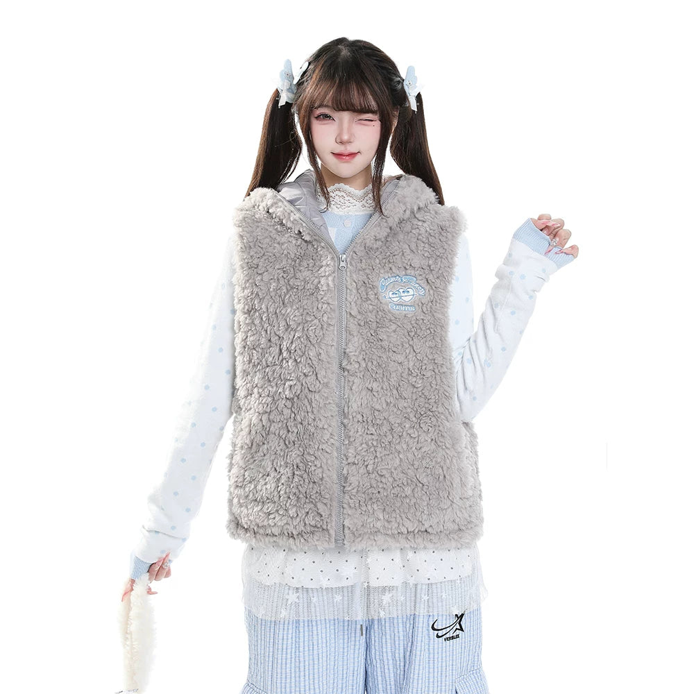 MJMTシリーズ｜ふわふわ ボア フード付き ベスト 冬 ゆったり S/M/L