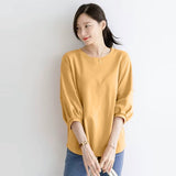 左品シリーズ｜コットン パフスリーブ 七分袖トップス｜ゆったり ラウンドヘム オレンジピンク他 全2色 M〜XL