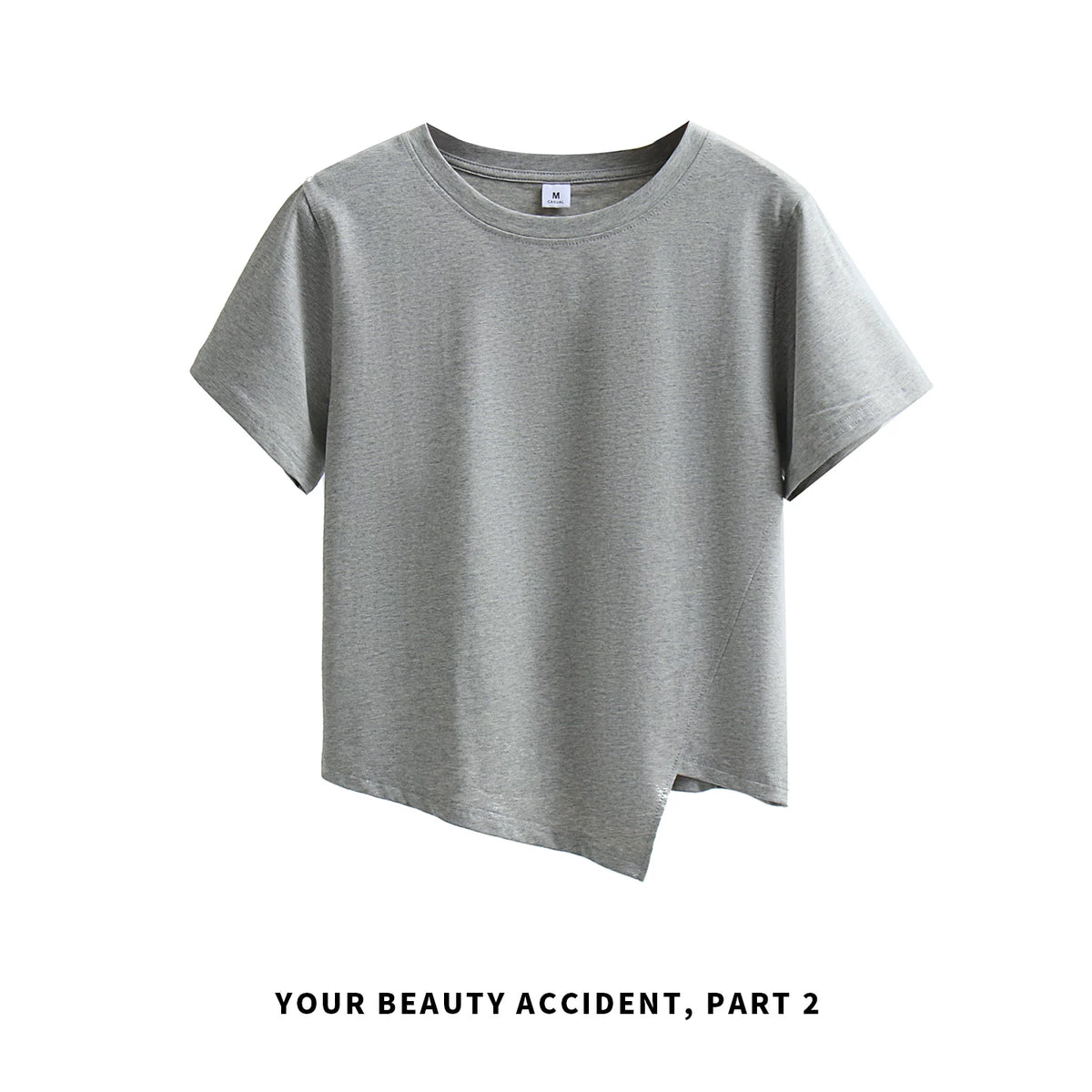 下集シリーズ｜グレー アシンメトリーヘム 半袖Tシャツ｜短め丈 正肩 コットン ダークグレー/ホワイト/ブラック/ピンク/ライトブルー S〜XL