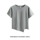 下集シリーズ｜アシンメトリーヘム 半袖Tシャツ｜ピンク 短め丈 正肩 コットン ブラック/ホワイト/グレー/ライトブルー S〜XL