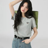 下集シリーズ｜ワンポイント刺繍 半袖Tシャツ｜正肩 ゆったり 短め丈 3カラー S〜XL