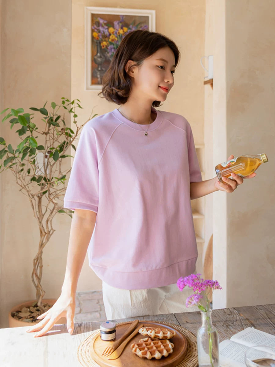 左品シリーズ｜コットン ラグラン半袖トップス｜リブ切り替え ゆったり ライラック・クリーム・ブラック M〜XL