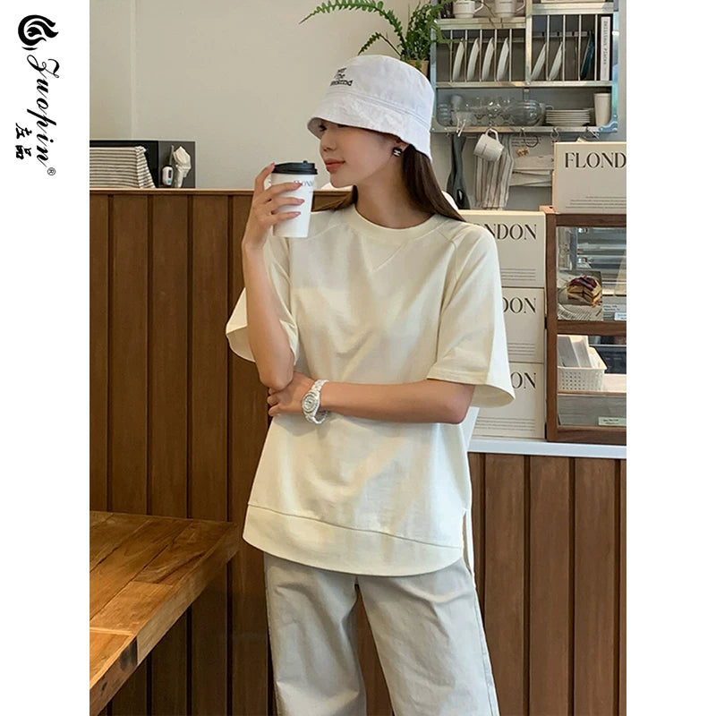 左品シリーズ｜コットン Aラインロング丈Tシャツ｜肩つなぎ半袖 サイドスリット ゆったり クリーム・ライラック・ピンク M〜XL