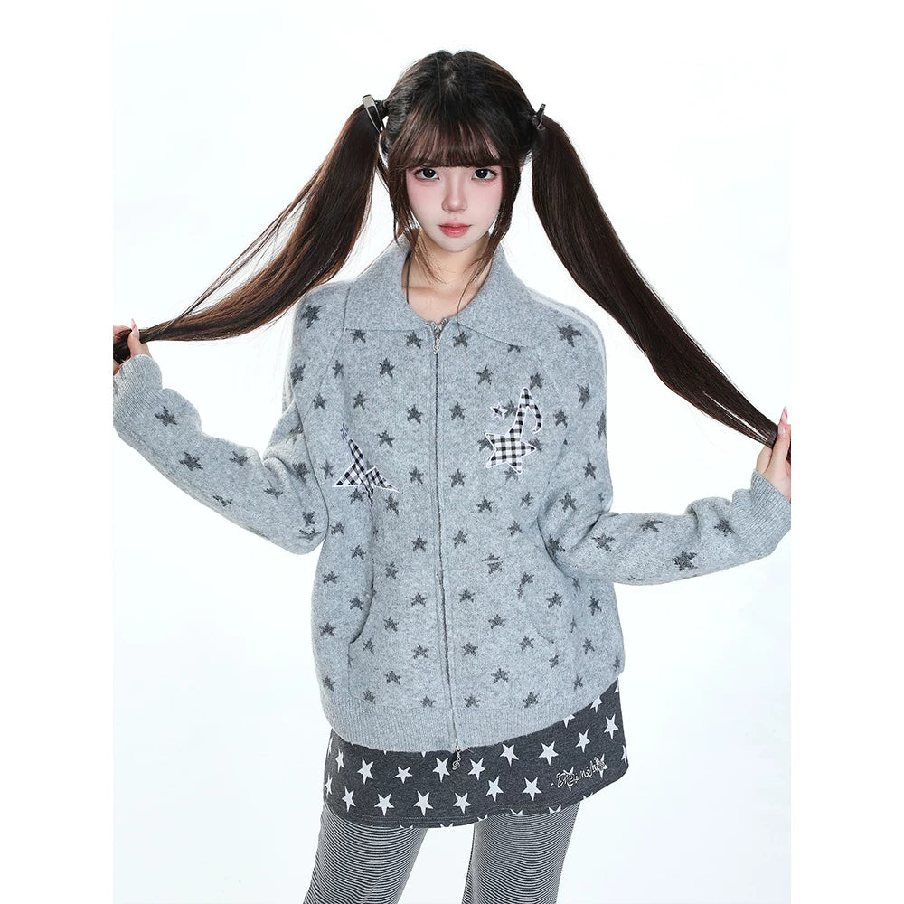 MJMTシリーズ｜スター柄 ニットカーディガン 襟付き ジップアップ グレー/ブルー ゆったり 秋冬 M/L/XL