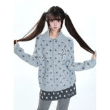 MJMTシリーズ｜スター柄 ニットカーディガン 襟付き ジップアップ グレー/ブルー ゆったり 秋冬 M/L/XL