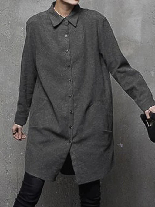POPOGOシリーズ｜グレー/ブラック ミディ丈シャツ｜羽織りにもなる ゆったり 起毛 ポケット付き S〜L
