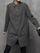 POPOGOシリーズ｜グレー/ブラック ミディ丈シャツ｜羽織りにもなる ゆったり 起毛 ポケット付き S〜L