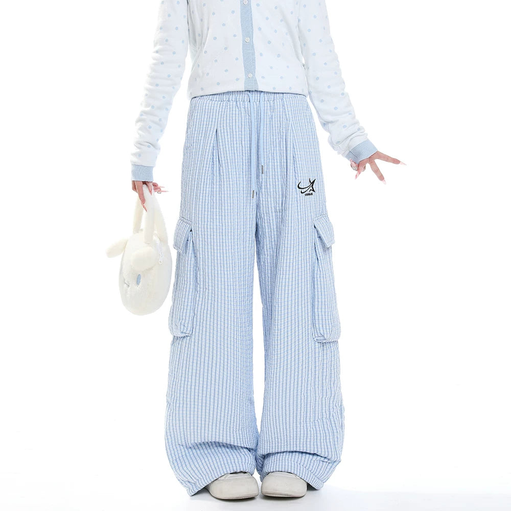 MJMTシリーズ｜ブルーストライプ ワイドカーゴパンツ 裏起毛 ウエストゴム 冬 S/M/L/XL