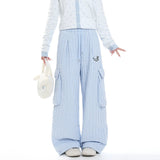 MJMTシリーズ｜ブルーストライプ ワイドカーゴパンツ 裏起毛 ウエストゴム 冬 S/M/L/XL