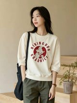 左品シリーズ｜コットン100% クルーネック 七分袖 プリントTシャツ｜ゆったり ドロップショルダー クリーム 6柄 M〜XL