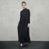 大青龍肆シリーズ｜ブラック コーデュロイ ロングワンピース｜スタンドカラー 斜め前合わせ フレア袖口 S/M