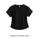 下集シリーズ｜サイドシャーリング 半袖Tシャツ｜ブラック 正肩 ゆったり 短め丈 3カラー S〜XL