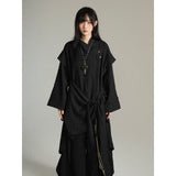 FG721シリーズ｜ブラック/アプリコット 重ね着風 ロングスリーブシャツ 腰ひも付き ユニセックス M/L/XL
