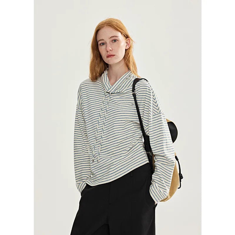 鯨乎シリーズ｜ストライプ カウルネック ロングTシャツ｜ドローコード付き ゆったり 斜めカット ブルー×ホワイト S・M・L
