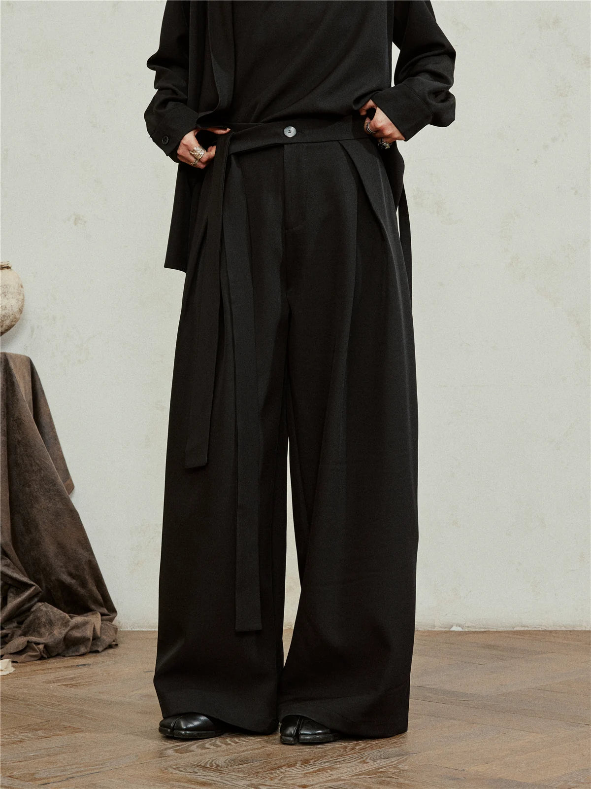 SUNYVONNEシリーズ｜ロングサッシュ付き ハイウエスト ワイドパンツ｜ゆったり ブラック・ブラウン・オフホワイト M〜XL