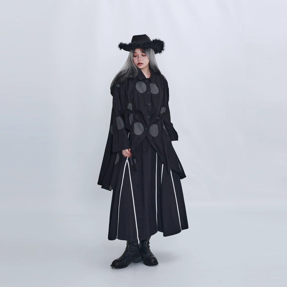 隠覓シリーズ｜水玉ロングシャツ｜不規則な裾 開き袖 ゆったり oversize ドロップショルダー ブラック フリー