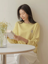 左品シリーズ｜コットン 長袖Tシャツ｜ゆったり ワンポイント刺繍 サイドスリット ライトイエロー M〜XL