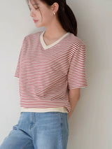 左品シリーズ｜コットン100% Vネック ボーダー半袖Tシャツ｜リブ配色 ワインレッド・ブラック×ホワイト M〜XL