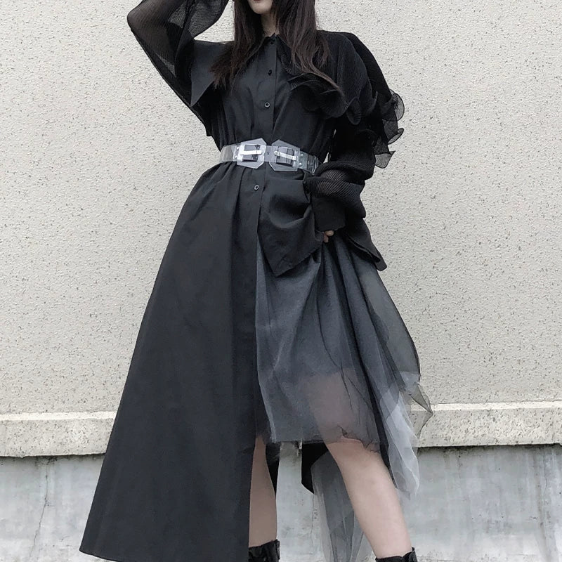 GUYIシリーズ｜ワイドカラー フリル袖 アシンメトリー ロングシャツ｜ブラック 長袖 フリーサイズ