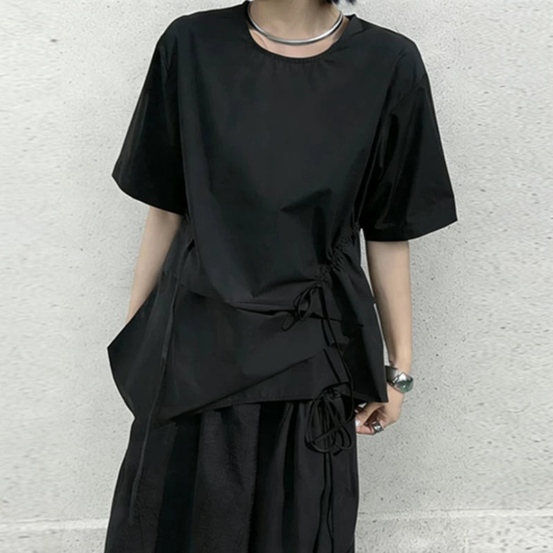 GUYIシリーズ｜アシンメトリー 半袖トップス｜サイドドローコード ゆったり ブラック フリーサイズ