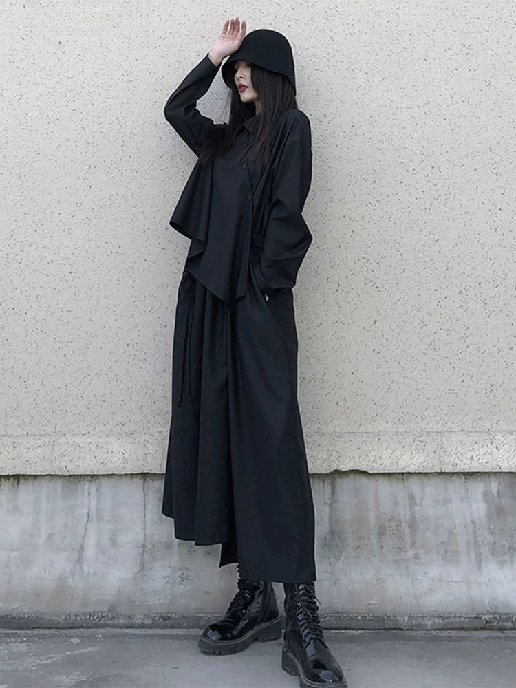 GUYIシリーズ｜アシンメトリー 重ね着風 ロングシャツワンピース｜ブラック 長袖 半袖 ベルト付き選択可